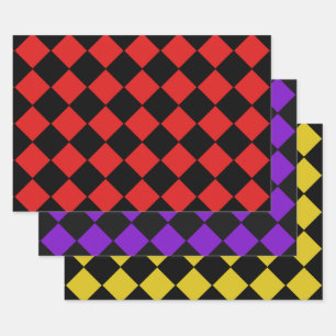 Harlequin Diamond Pattern in Red Purple and Yellow Wrapping Paper Sheets