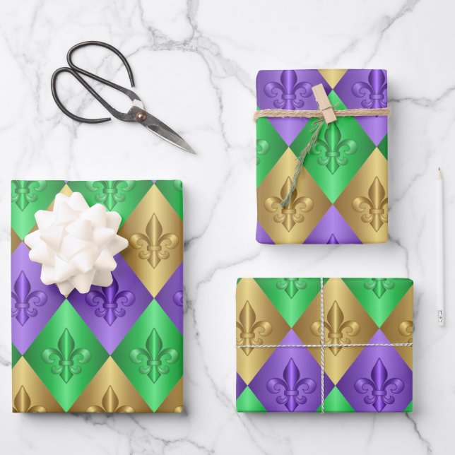Harlequin Fleur-de-Lis Mardi Gras Pattern Wrapping Paper Sheets (Front)