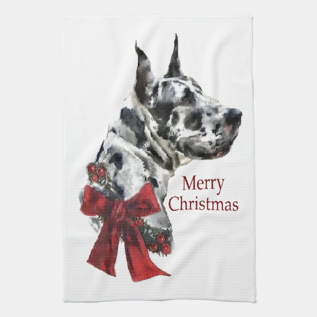 Harlequin Great Dane Christmas Kitchen Towel (Vertical)