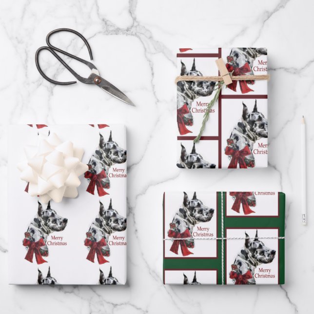 Harlequin Great Dane Christmas Wrapping Paper Sheets (Front)