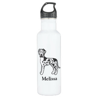 Harlequin Great Dane Cute Cartoon Dog &amp; Name Stainless Steel Water Bottle