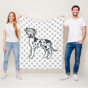 Harlequin Great Dane Cute Cartoon Dog & Paws Fleece Blanket