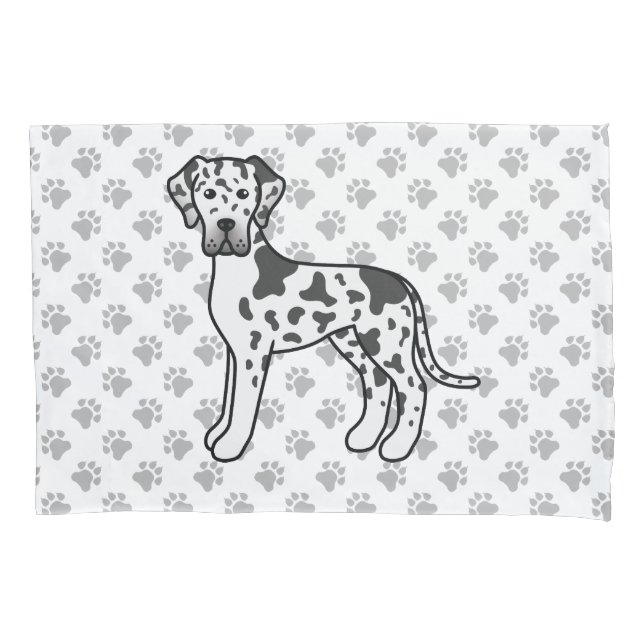 Harlequin Great Dane Cute Cartoon Dog & Paws Pillow Case (Front)
