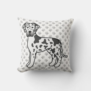 Harlequin Great Dane Cute Cartoon Dog & Paws Throw Pillow