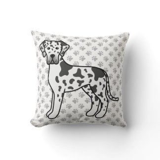 Harlequin Great Dane Cute Cartoon Dog &amp; Paws Throw Pillow