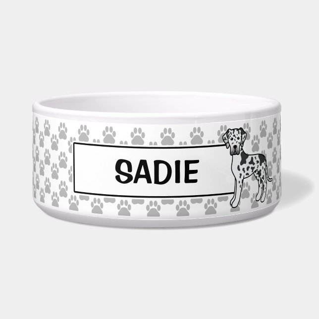 Harlequin Great Dane Dog Drawing With Pet's Name Bowl (Front)
