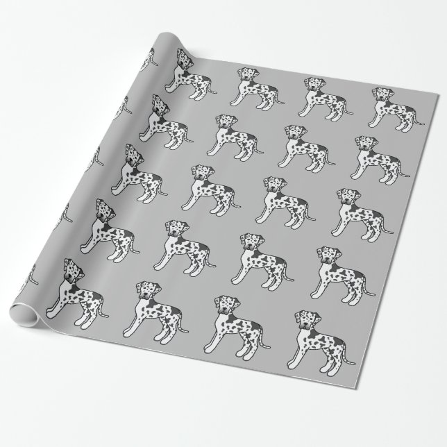 Harlequin Great Dane Dogs Pattern On Gray Wrapping Paper (Unrolled)
