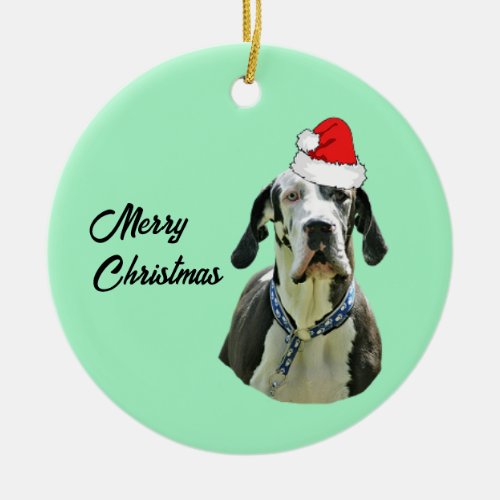 Harlequin Great Dane with Santa Hat   Ceramic Ornament