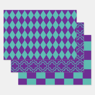 Harlequin Moroccan Checker DIY Colors Purple Turq Wrapping Paper Sheets