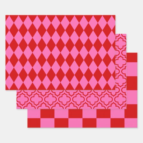 Harlequin Moroccan Checker DIY Colors Red Hot Pink Wrapping Paper Sheets