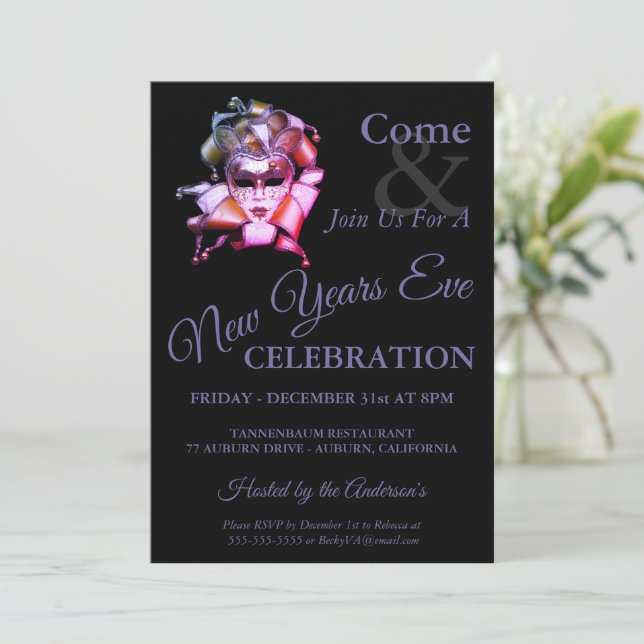Harlequin New Years Eve Invitation (Standing Front)