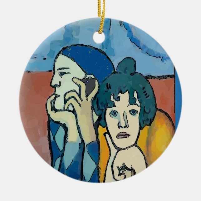 Harlequin,  on cell phone, add, edit text ceramic ornament (Front)