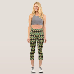 Harlequin Pattern in Gold, Green, and Black Capri Leggings