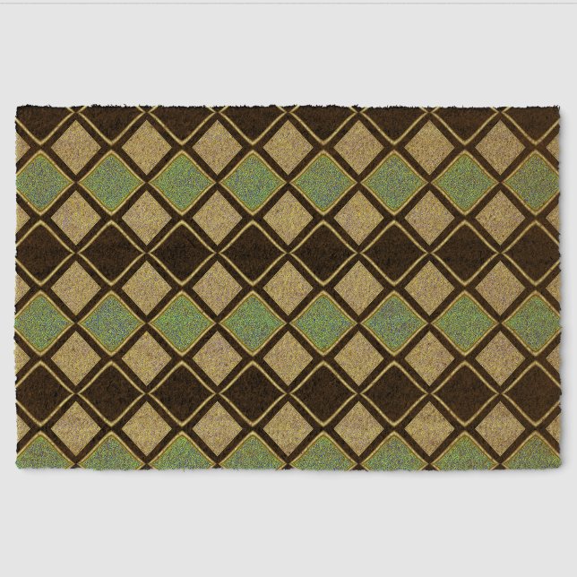 Harlequin Pattern in Gold, Green, and Black  Fiber Doormat (Front)