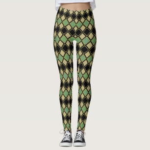 Harlequin Pattern in Gold, Green, and Black  Leggings