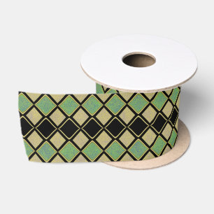 Harlequin Pattern in Gold, Green, and Black  Satin Ribbon