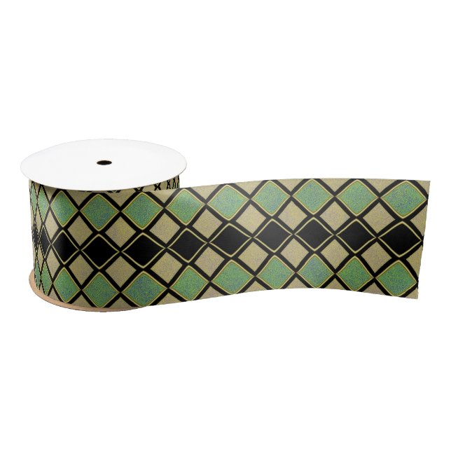 Harlequin Pattern in Gold, Green, and Black  Satin Ribbon (Spool)