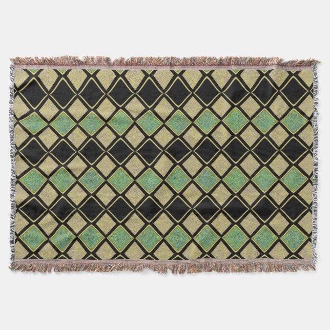Harlequin Pattern in Gold, Green, and Black  Throw Blanket (Front)