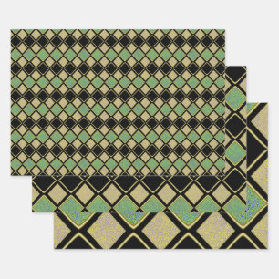 Harlequin Pattern in Gold, Green, and Black Wrapping Paper Sheets