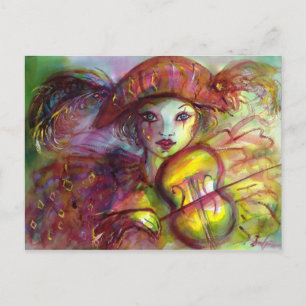 Harlequin Playing Violin, Masquerade Masks Postcard