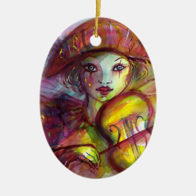 HARLEQUIN PLAYING VIOLIN Venetian Masquerade Ceramic Ornament (Front)