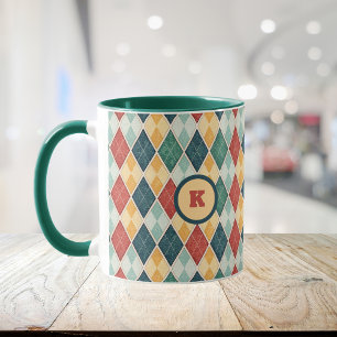 Harlequin Retro Red Gold Green Argyle Initial Mug