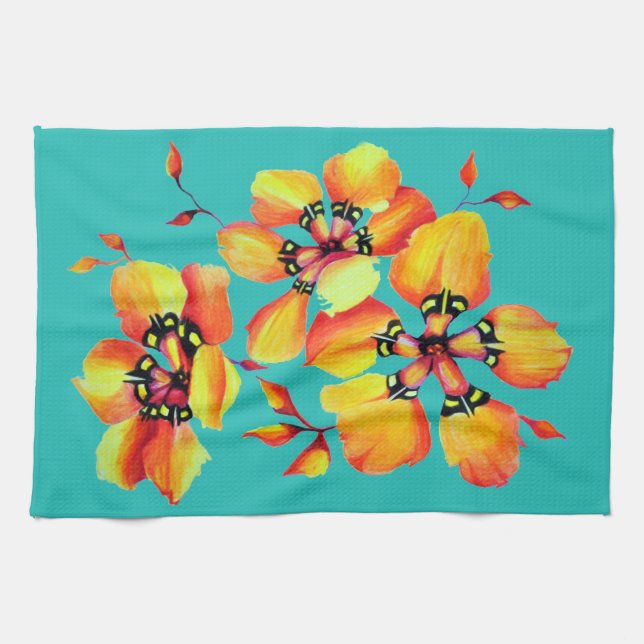 Harlequin Sparaxis Tricolor Watercolor Flowers Kitchen Towel (Horizontal)