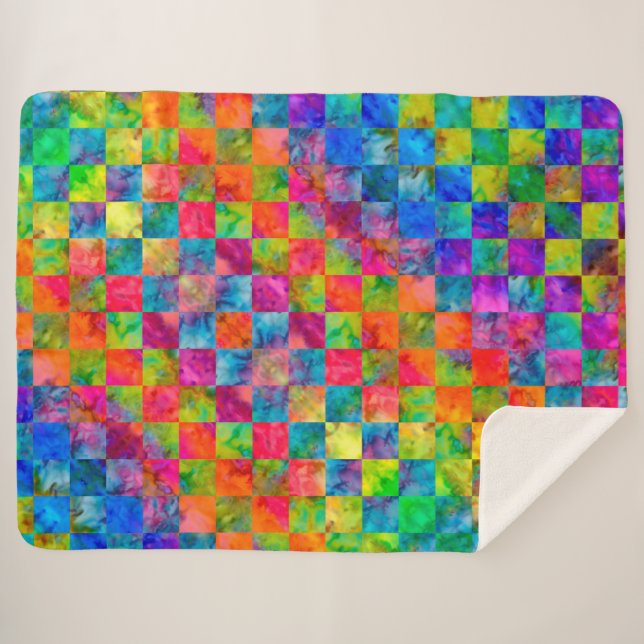 [Harlequin Tie-Dye] Diamond Fractal Checkered Sherpa Blanket (Front (Horizontal))