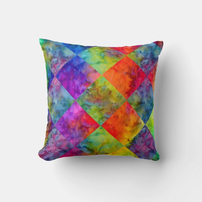 [Harlequin Tie-Dye] Diamond Fractal Checkered Throw Pillow (Front)