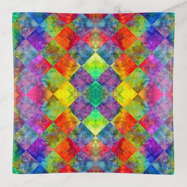 [Harlequin Tie-Dye] Diamond Fractal Checkered Trinket Tray (Front)