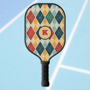 Harlequin Vintage Gold Red Green Monogram Argyle Pickleball Paddle