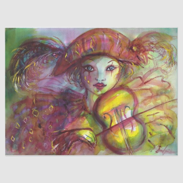 HARLEQUIN VIOLIN PLAYER  / Venetian Carnival Music Tissue Paper (Front)