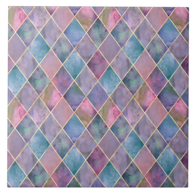 Harlequin Watercolor Diamond Geometric Pattern  Ceramic Tile (Front)