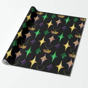 Harlequins Beads Mask Fleur de Lis Mardi Gras Wrapping Paper