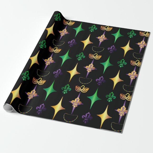 Harlequins Beads Mask Fleur de Lis Mardi Gras Wrapping Paper (Unrolled)