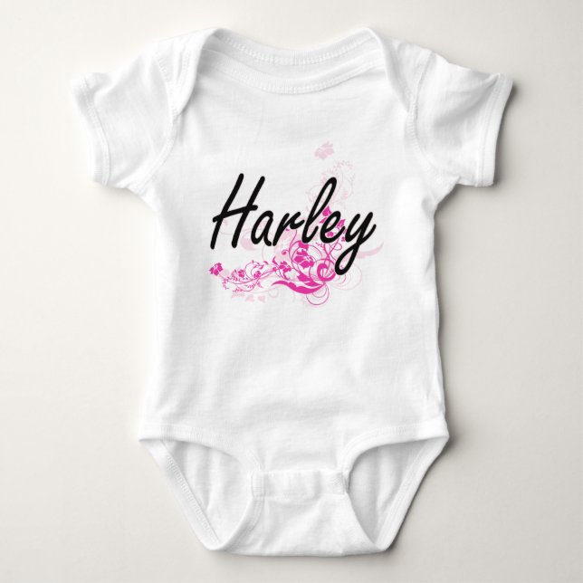 Harley Artistic Name Design with Flowers Baby Bodysuit (Front)