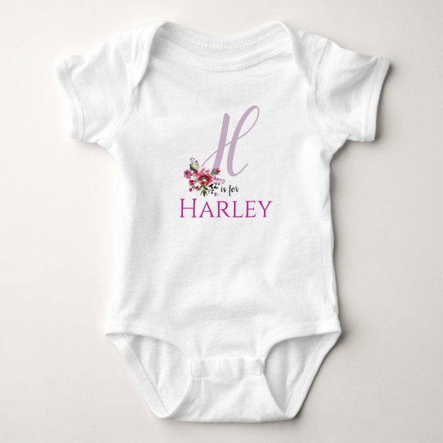 Harley Name Reveal Floral Letter H Girl Whimsical Baby Bodysuit (Front)