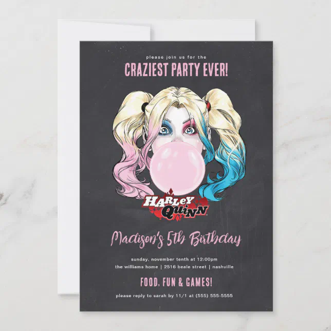 Harley Quinn Girls Chalkboard Birthday Invitation | Zazzle