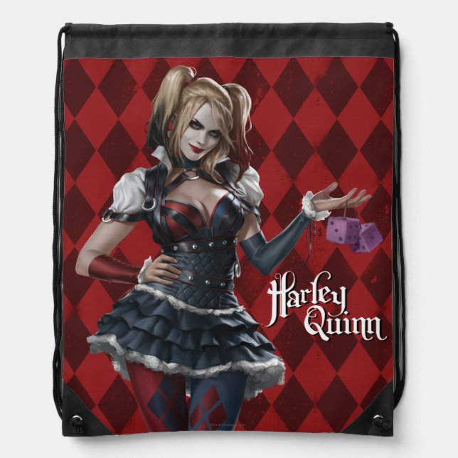 Harley Quinn With Fuzzy Dice Drawstring Bag (Front)