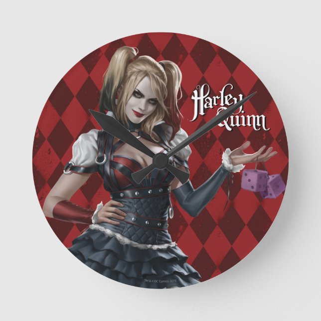 Harley Quinn With Fuzzy Dice Round Clock (Front)