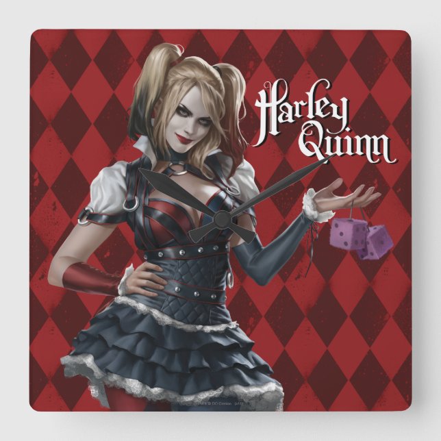 Harley Quinn With Fuzzy Dice Square Wall Clock (Front)