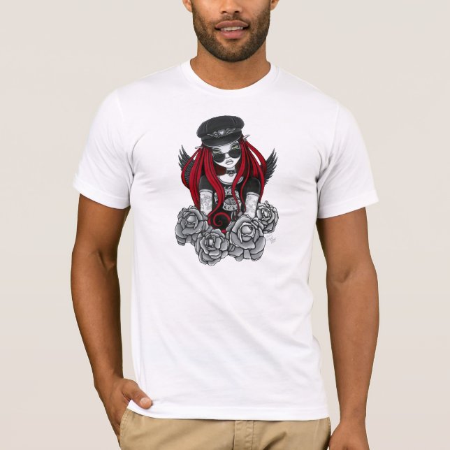 Harley Red Tattoo Biker Rose Angel T-Shirt (Front)