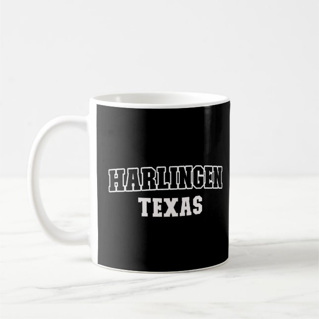 Harlingen Texas Black White Athletic Lettering  Coffee Mug (Left)