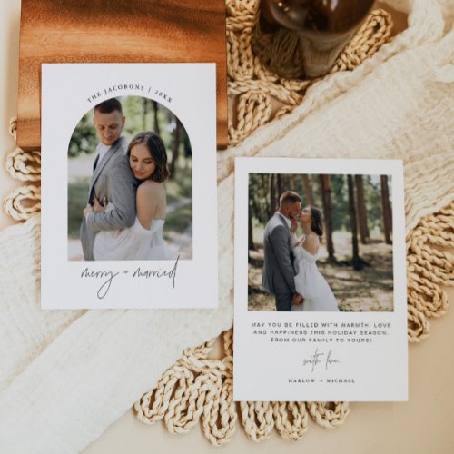 HARLOW Modern Arch Photo Merry  Married Holiday Invitation