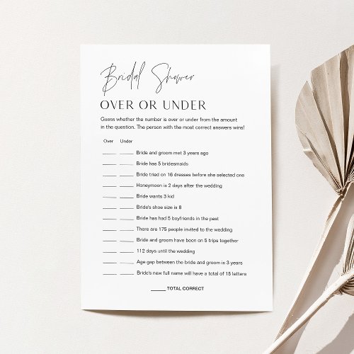 HARLOW Over Or Under Bridal Shower Game Card