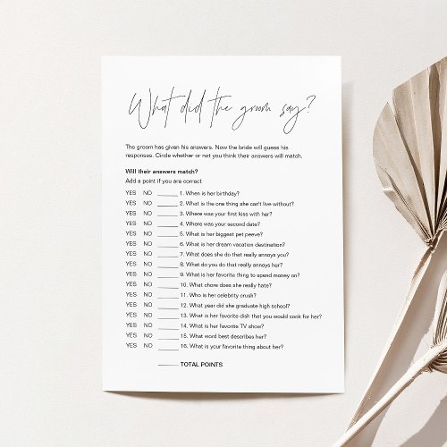 HARLOW What Did Groom Say Bridal Shower Game Card