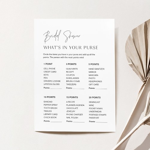 HARLOW Whats In Your Purse Bridal Shower Game Card
