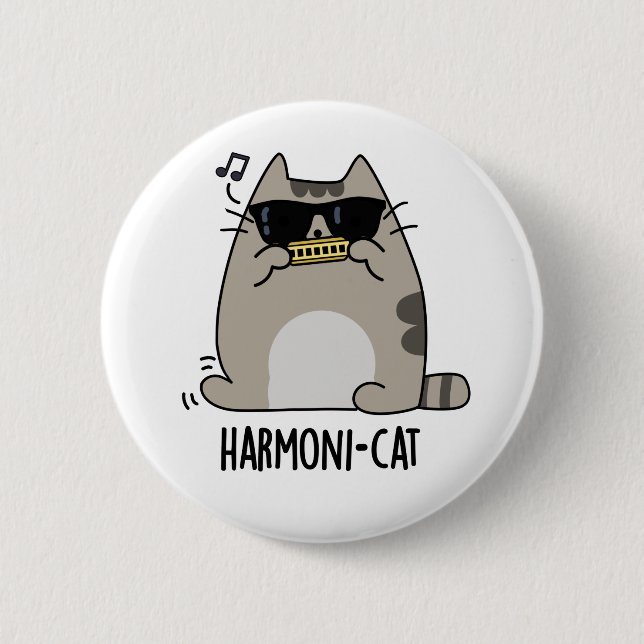 Harmoni-cat Funny Harmonica Cat Pun  Button (Front)