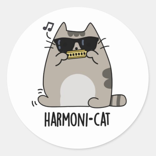 Harmoni_cat Funny Harmonica Cat Pun  Classic Round Sticker