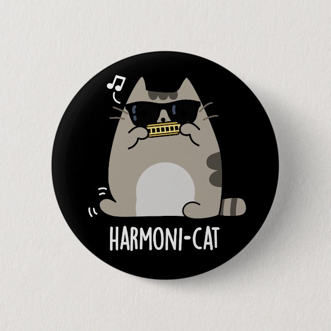 Harmoni-cat Funny Harmonica Cat Pun Dark BG Button (Front)